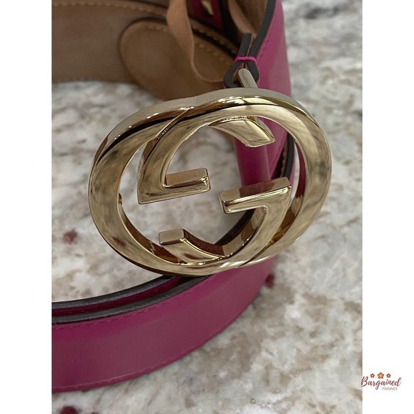 Authentic Gucci Hot Pink Calfskin Leather Gold Interlocking G Buckle Belt 80/32 - Picture 2 of 13